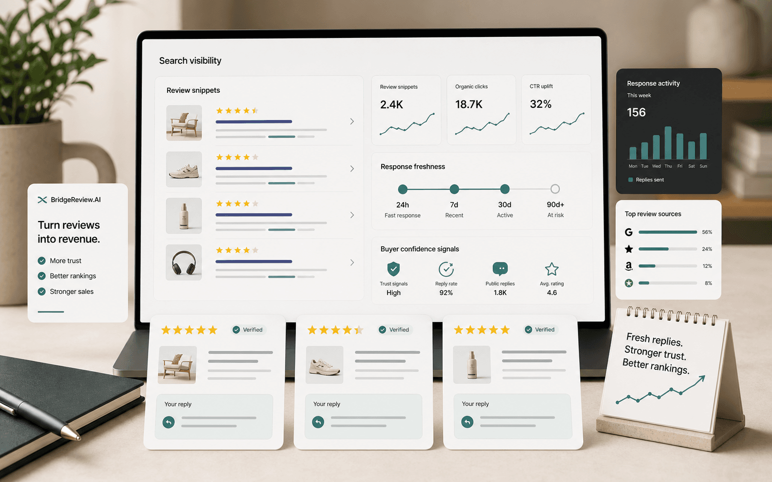 Buyer trust and search proof dashboard showing review response signals.