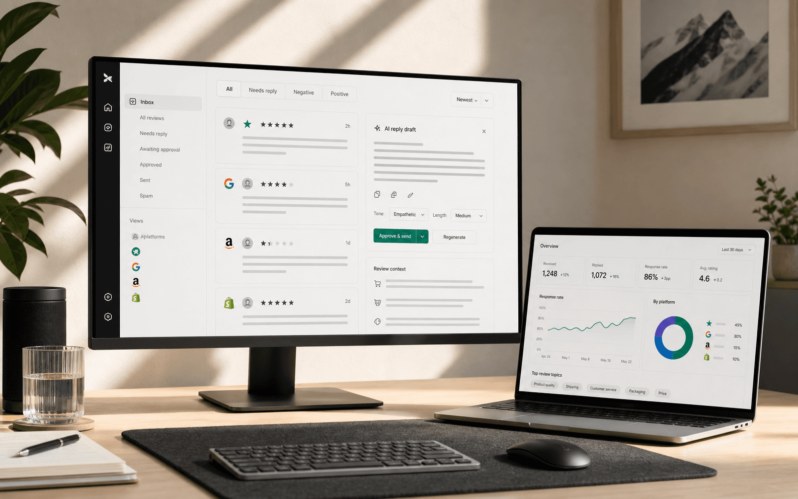 Ecommerce review operations dashboard with multiple review platforms and drafted replies.