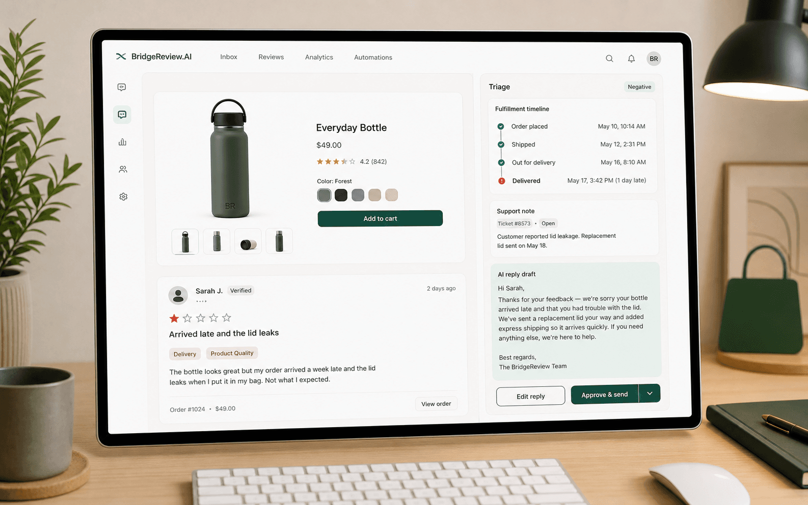 Shopify product review triage board for negative reviews and support follow-up.
