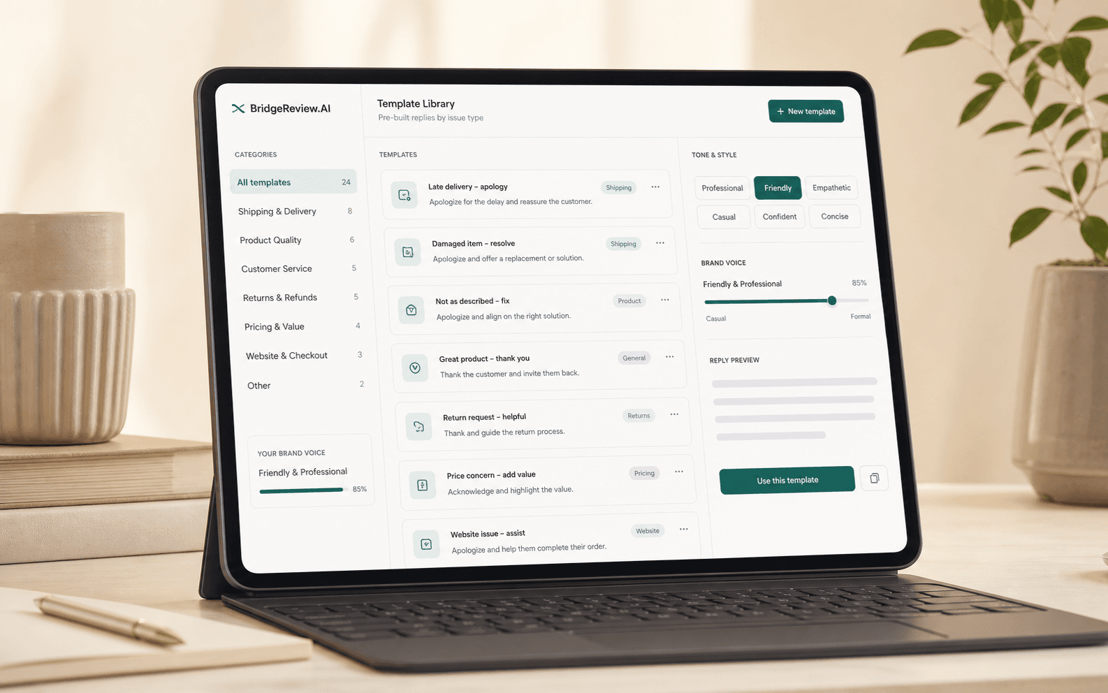 Review response template library with tone controls and approval notes.