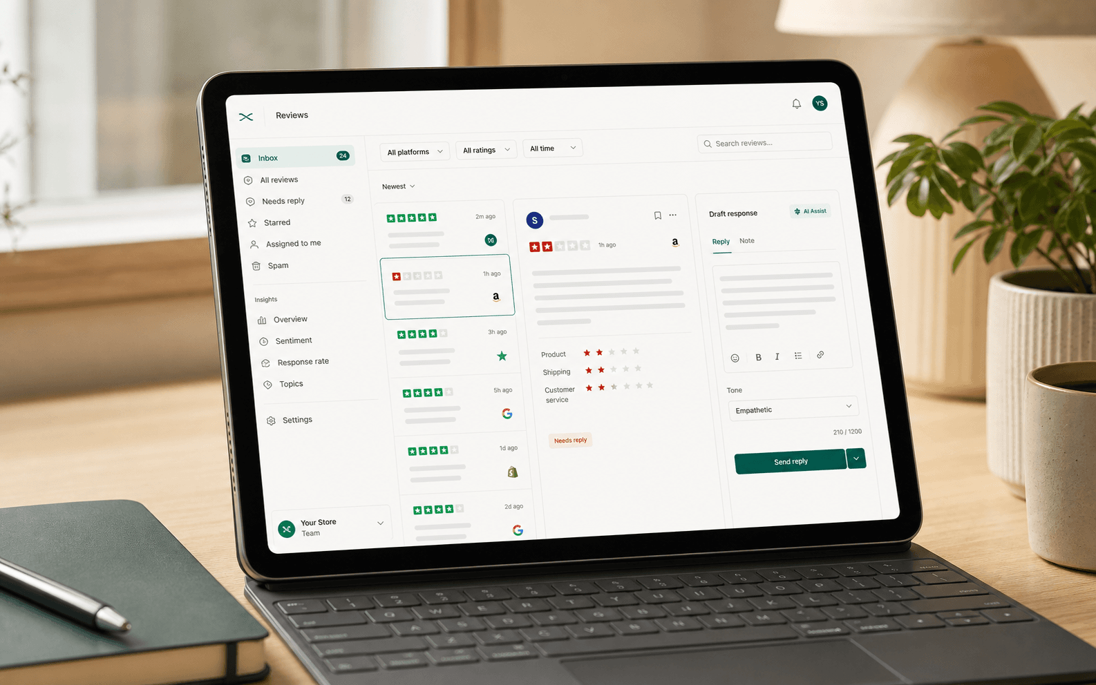 Trustpilot-style review queue with a calm public reply workflow.